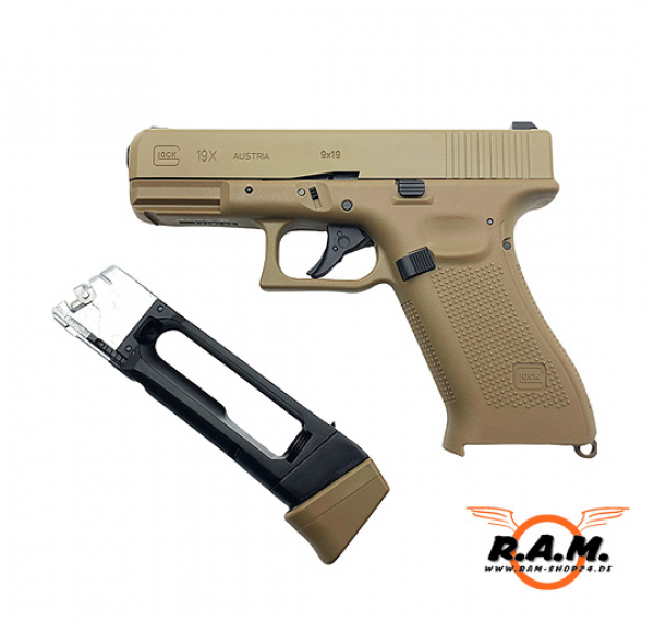 Airsoftpistole GLOCK 19X, 6mm BB, CO2 in coyote (BlowBack)